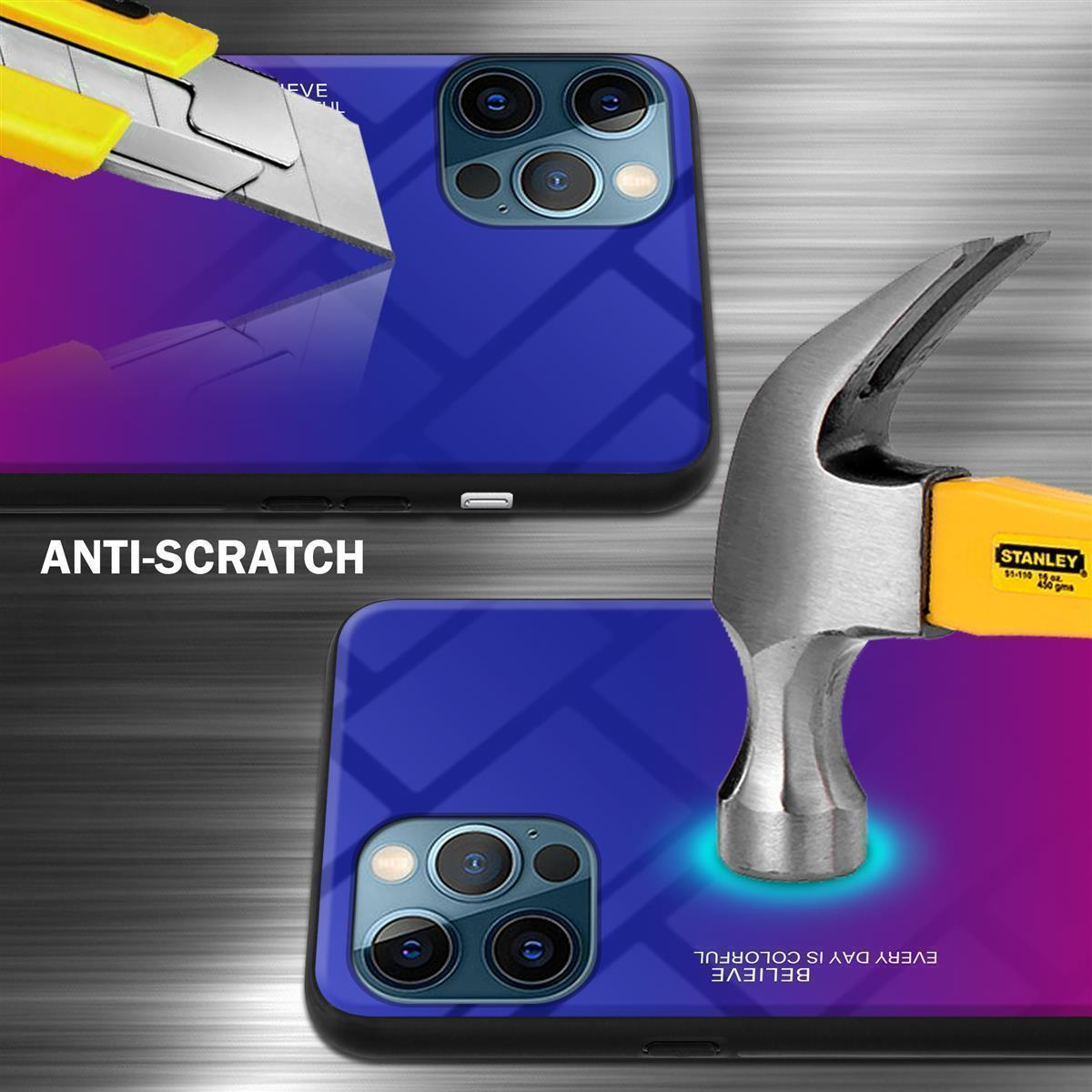 Telefonbildschirm mit Hammer. Text: 'Anti-scratch'. Farben: Blau und Lila.