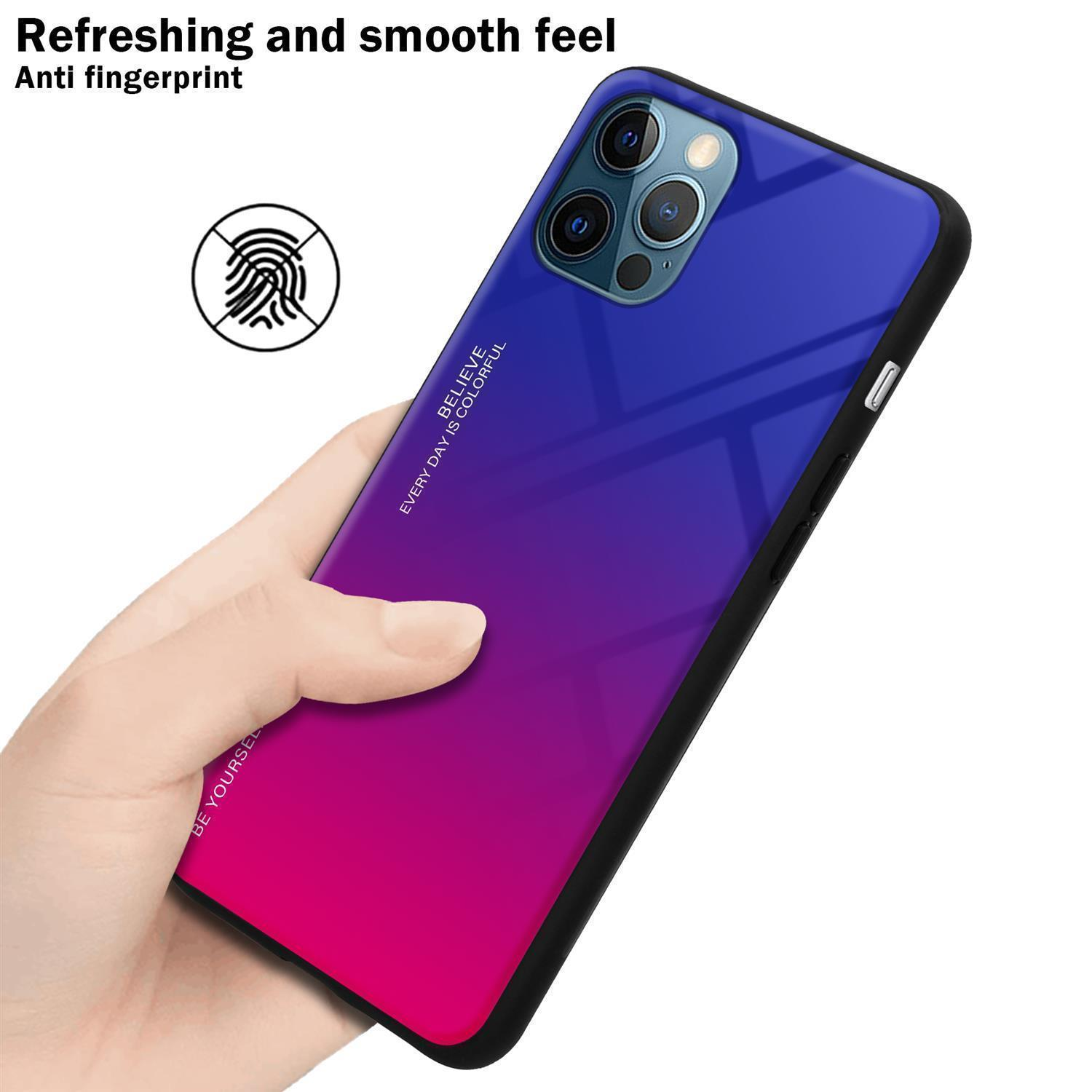 Telefonhülle in der Hand, Farbverlauf blau nach rosa. Der Text lautet: Believe, Everyday is Colorful, und Be Yourself.
