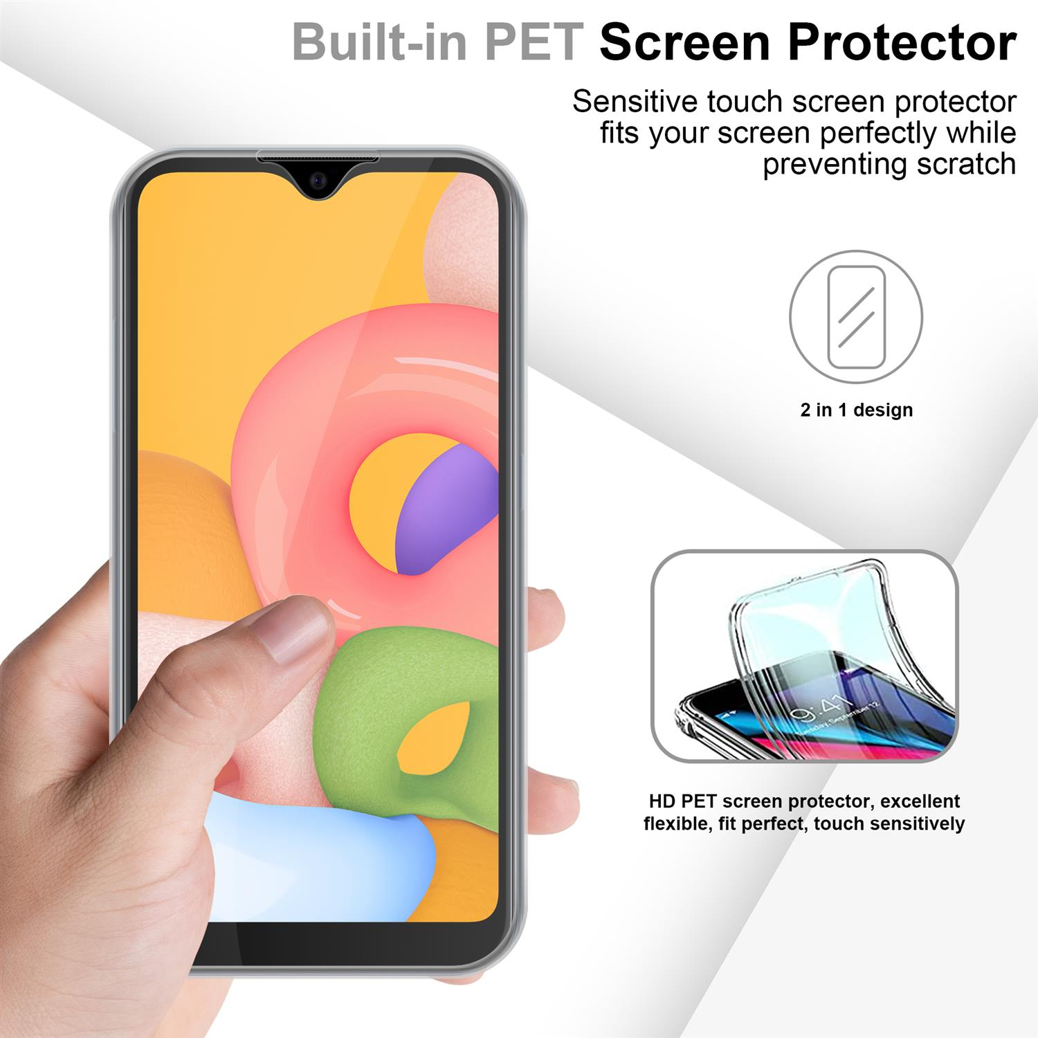 Telefono con protezione schermo applicata, mano che tiene, con grafica.