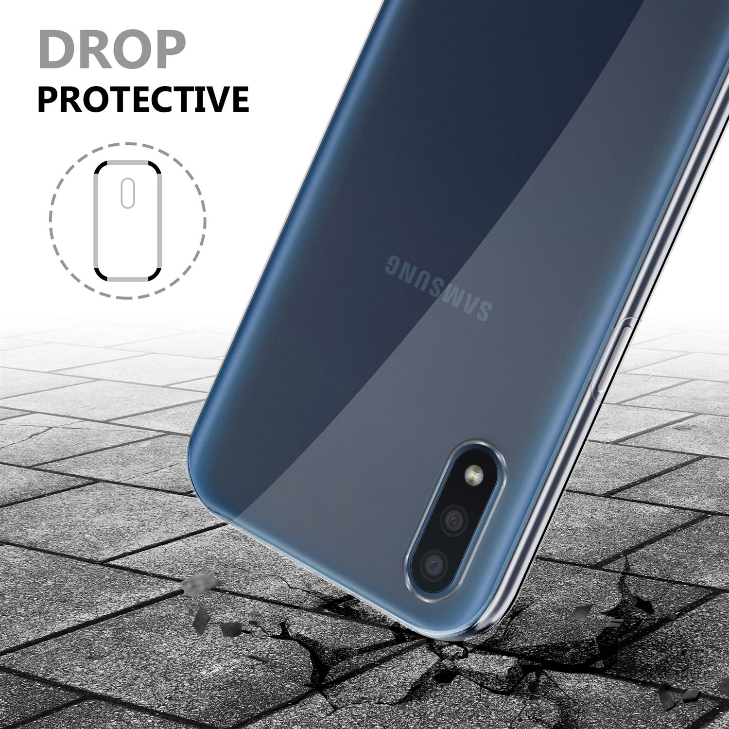 Un telefono in una custodia trasparente su una superficie incrinata, con testo di protezione dalle cadute.