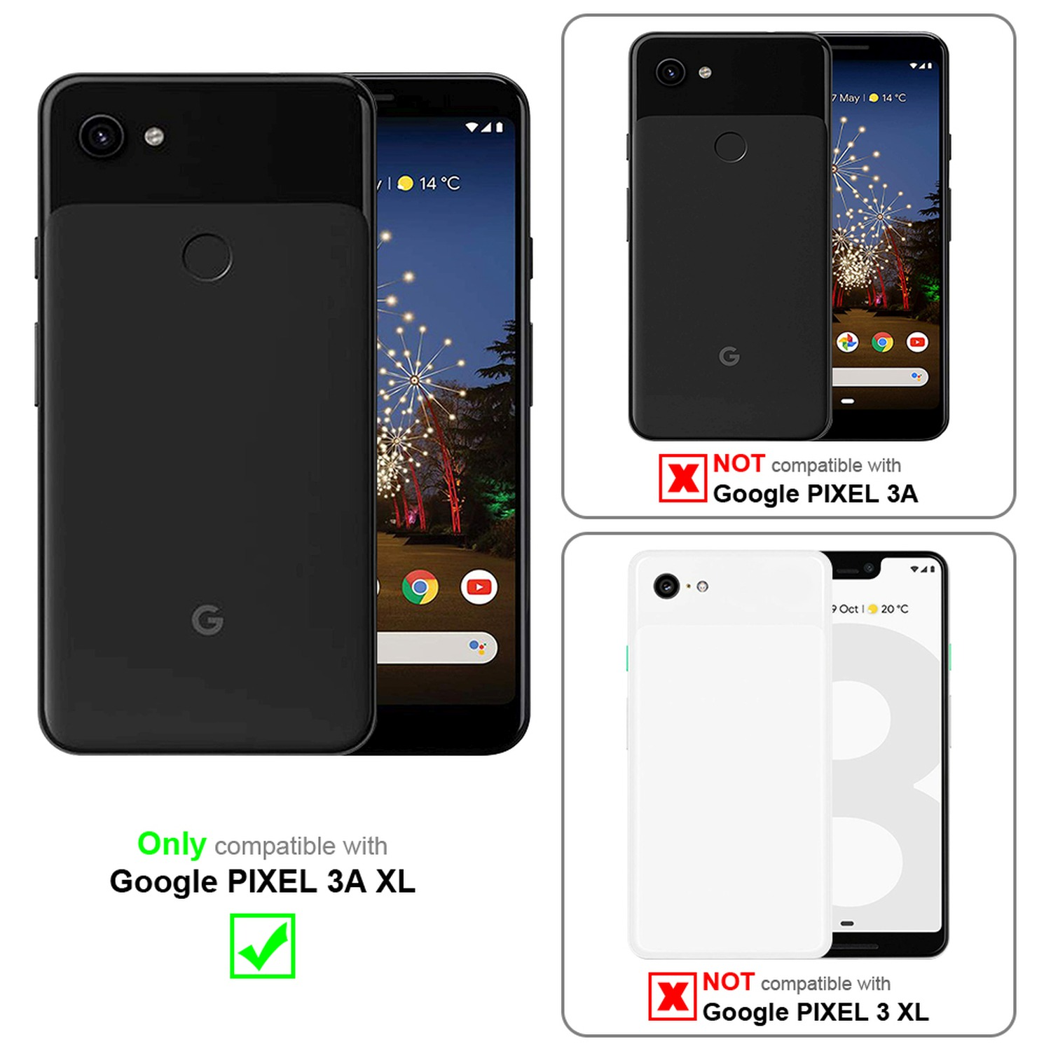 Drei Telefone, zwei mit Hüllen. Ein Telefon ist mit Google Pixel 3A XL kompatibel.