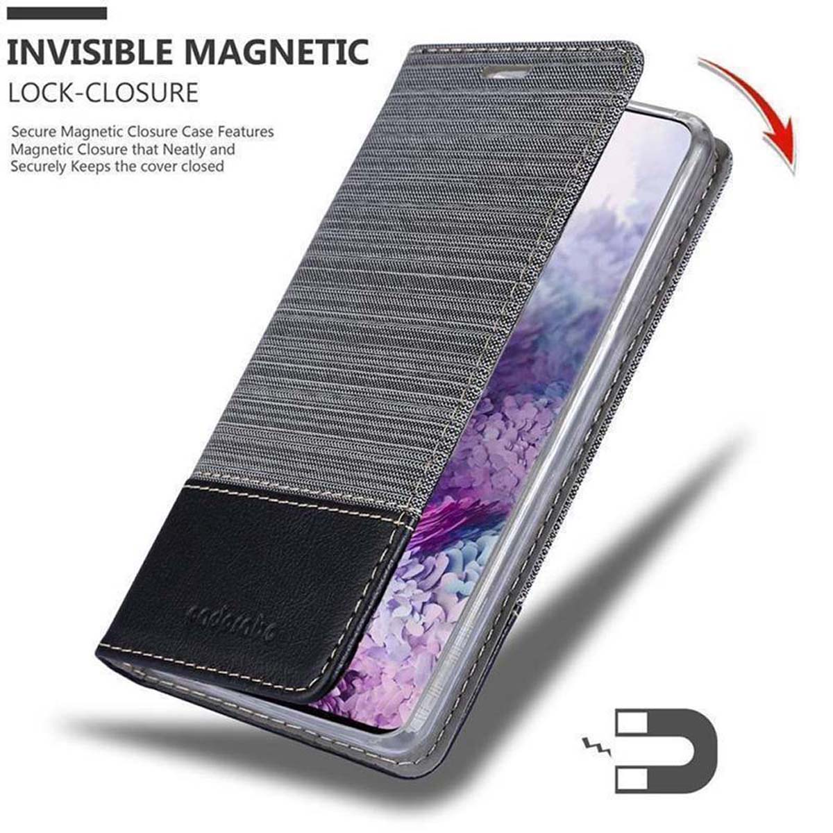 Una custodia per telefono con chiusura magnetica. La custodia è grigia con pelle nera e il telefono è visibile.