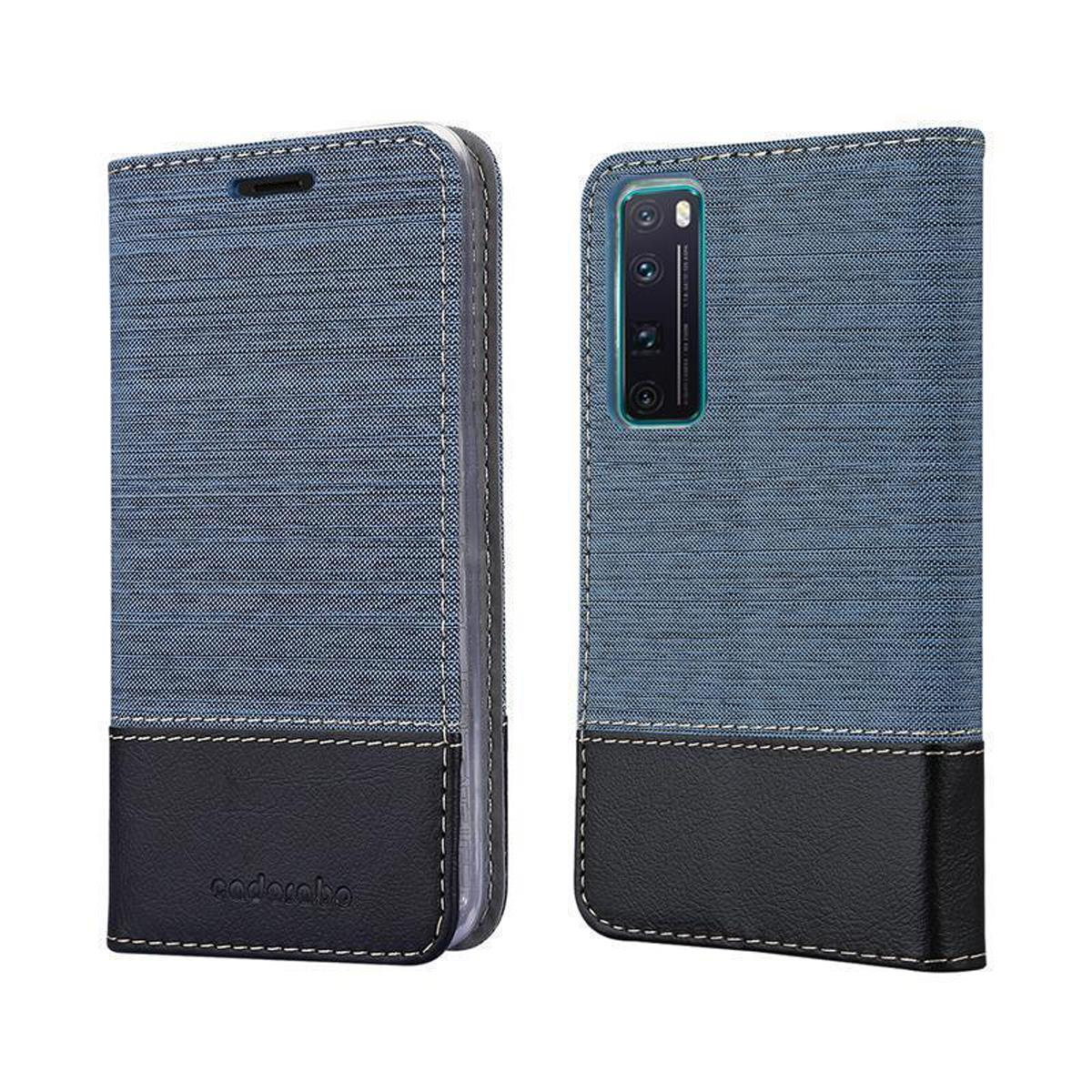 Eine blaue und schwarze Handyhülle, offen, um das Telefon zu zeigen. Es hat eine denimartige Textur.