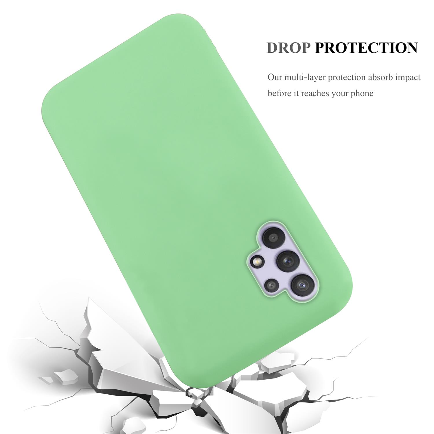 Custodia per telefono verde chiaro, inclinata, con effetto suolo incrinato sotto.