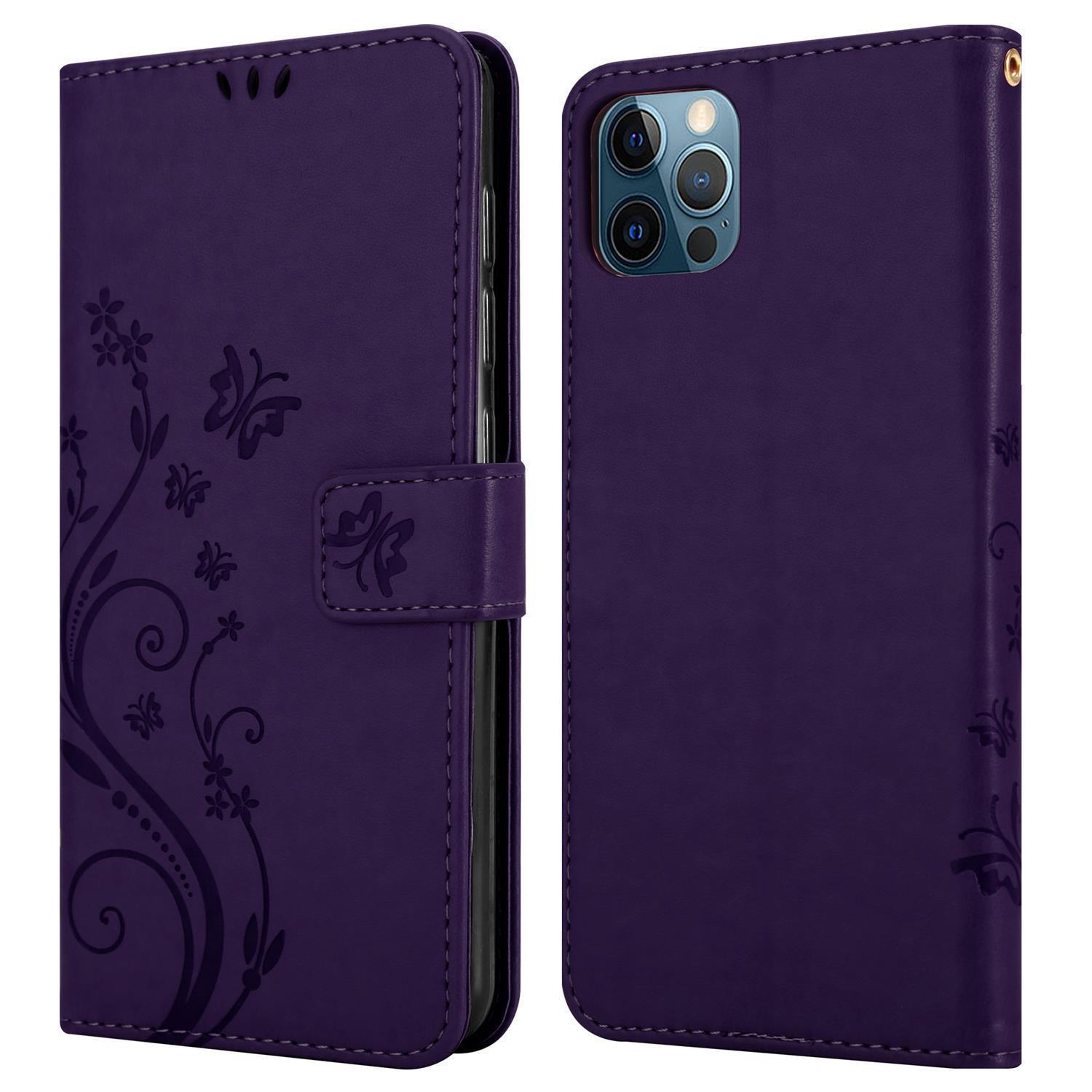 Lila Handyhülle mit Blumendesign und Schmetterlingen, geschlossen und offen, Telefonbildschirm sichtbar.