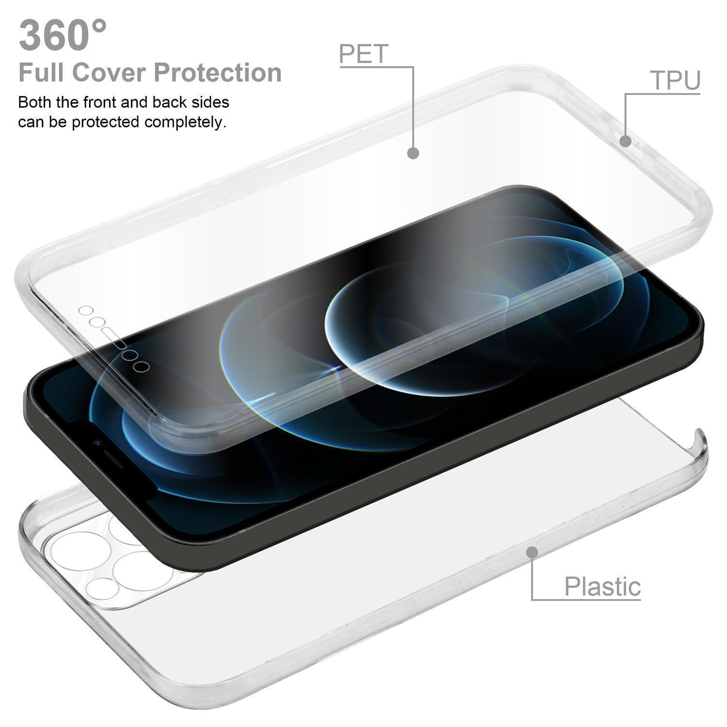 Handyhüllen-Schichten: transparenter Kunststoff, Telefon und transparentes TPU/PET. Diagramme zeigen 360° Schutz.
