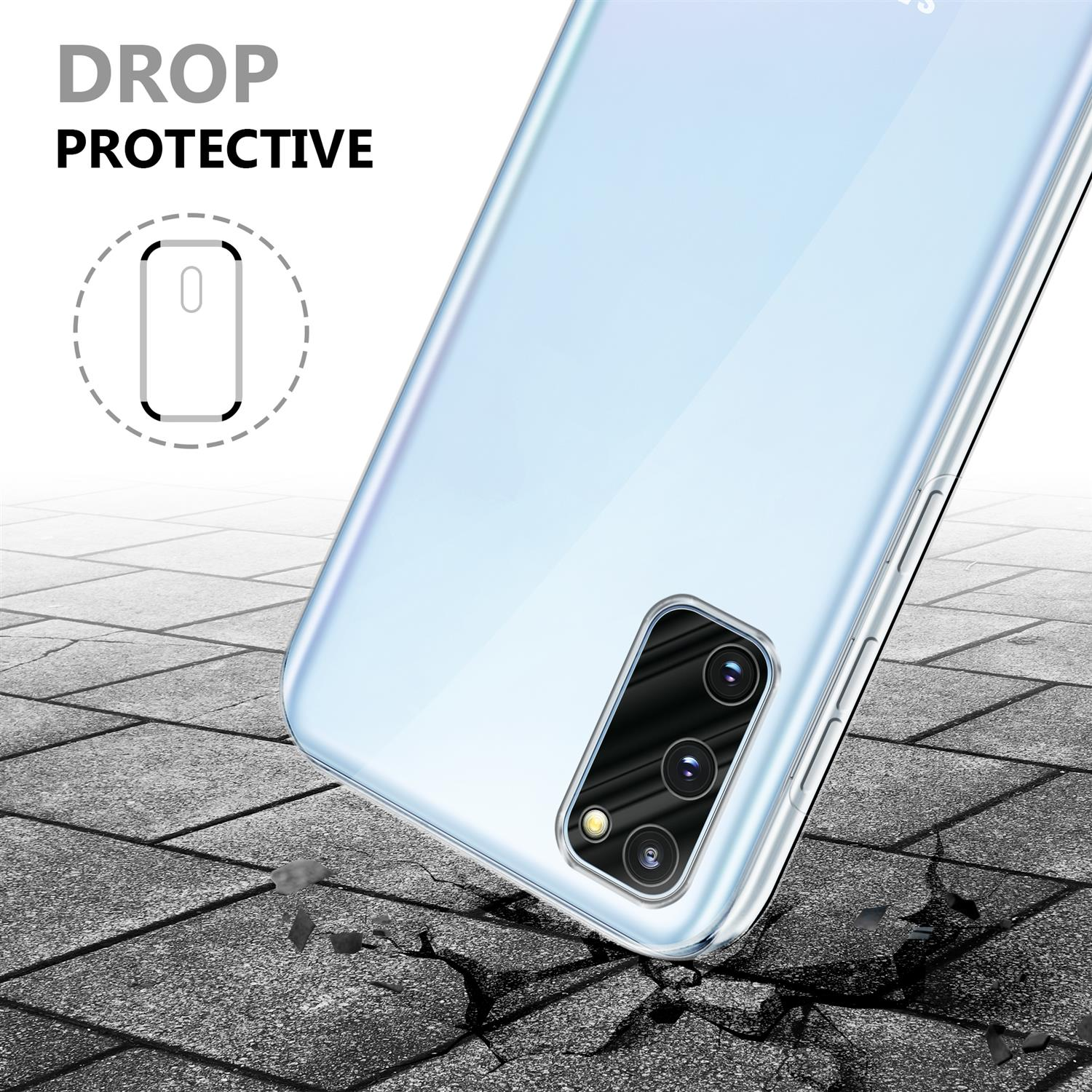 Eine transparente Handyhülle mit Dreifachkamera auf zerbrochener Steinfläche.