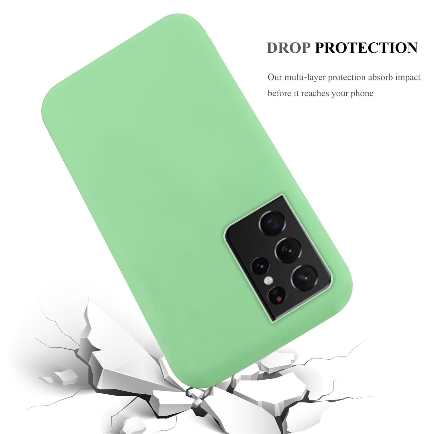 Custodia verde con telefono, immagine che mostra la protezione dagli impatti.