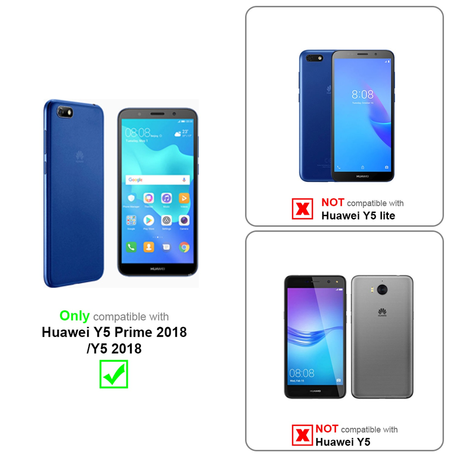 Due telefoni affiancati, uno blu, uno grigio. Il testo indica la compatibilità per il telefono blu.