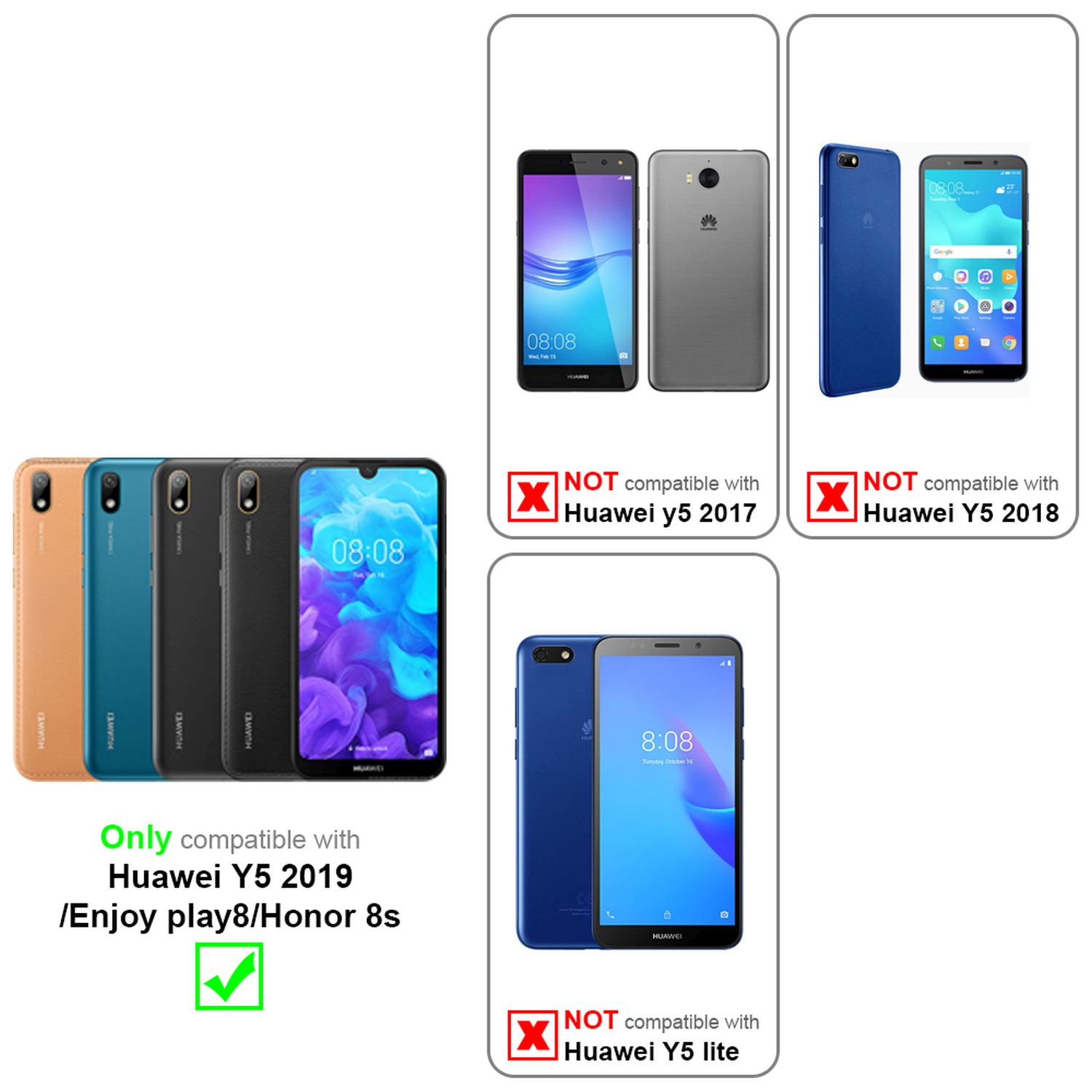 Telefoni arancioni, turchesi e neri a sinistra. Tre telefoni a destra. Informazioni sulla compatibilità fornite.