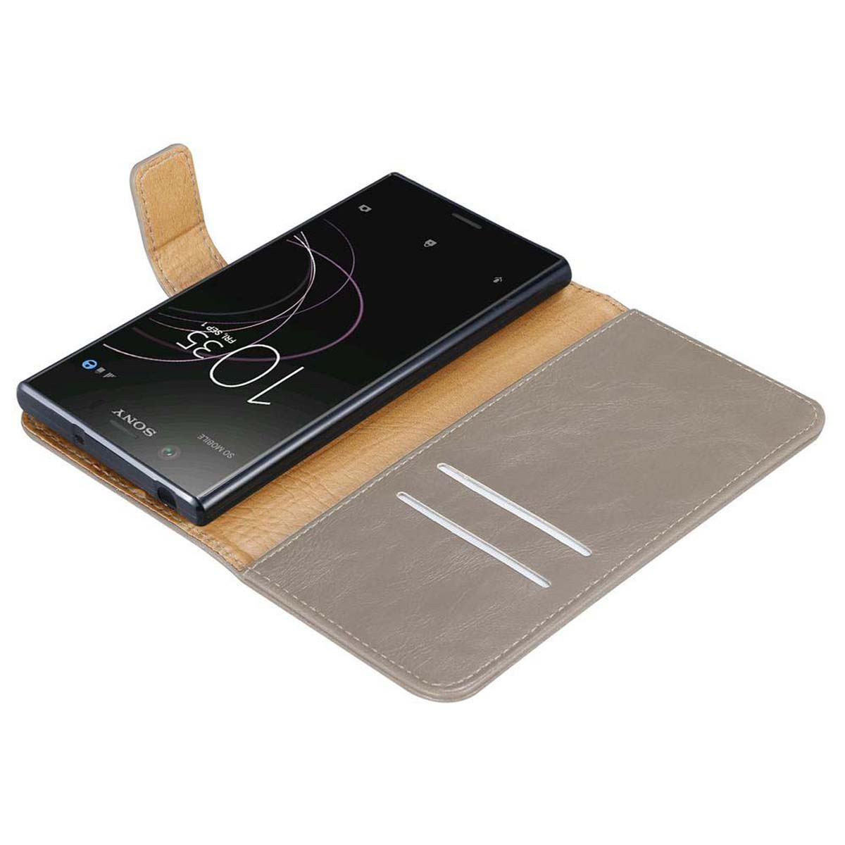 Un teléfono en una funda tipo cartera de cuero gris, mostrando la hora.