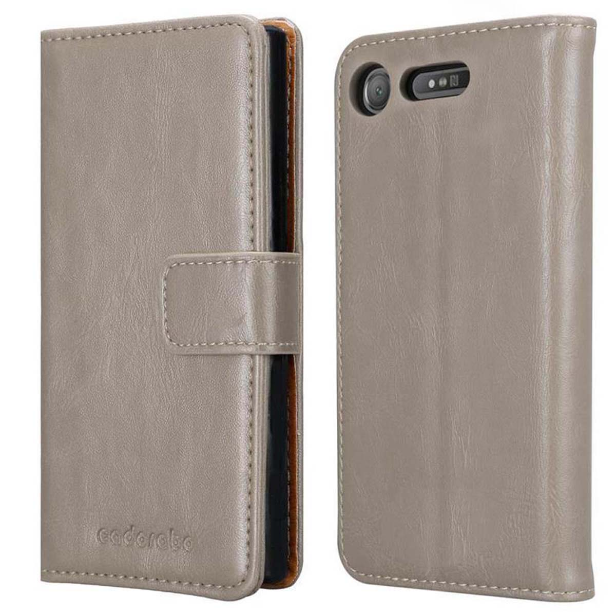 Funda de teléfono gris, vistas frontal y trasera. Se abre con cierre. Textura de cuero.