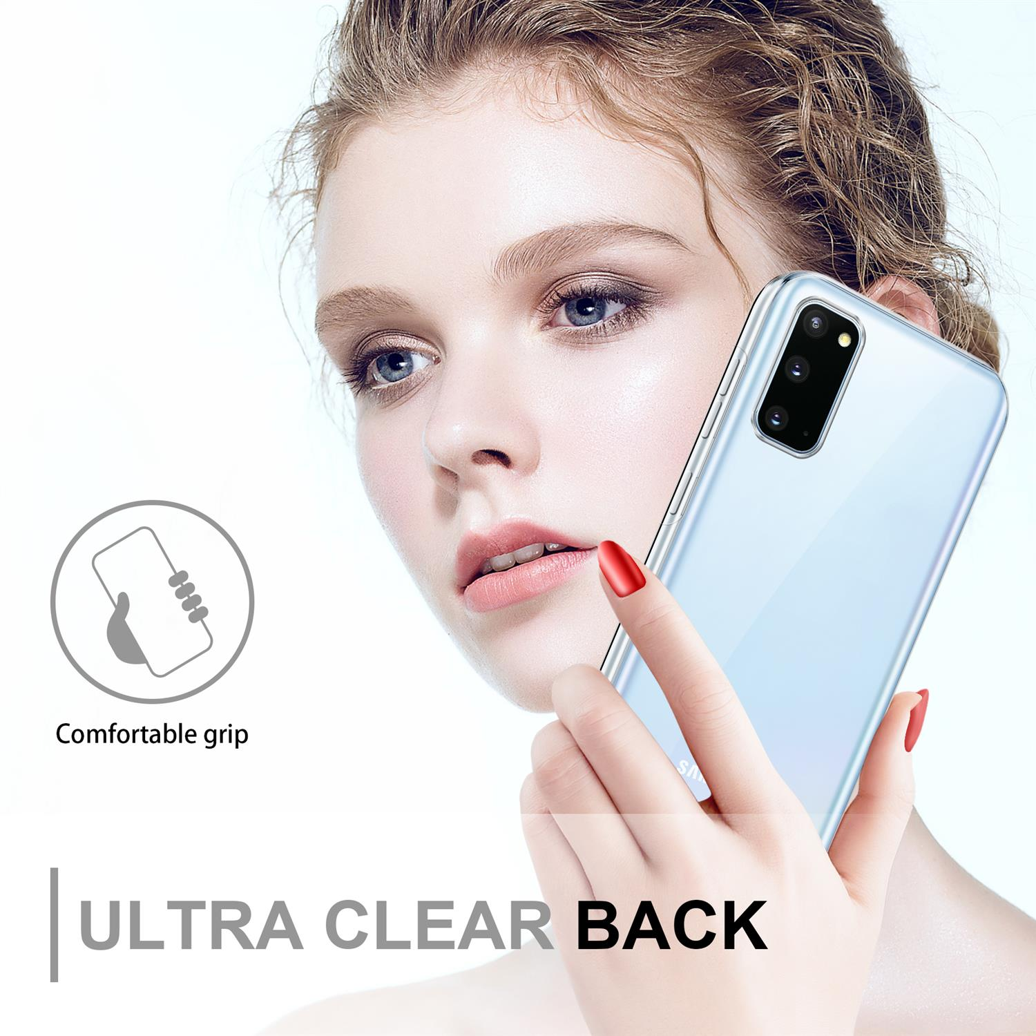 Una donna tiene un telefono in una custodia trasparente. Il telefono ha più fotocamere.
