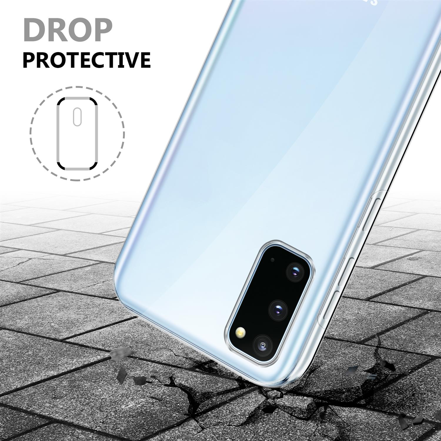 Una custodia per telefono poggia su una superficie incrinata. Testo: 'DROP PROTECTIVE'.