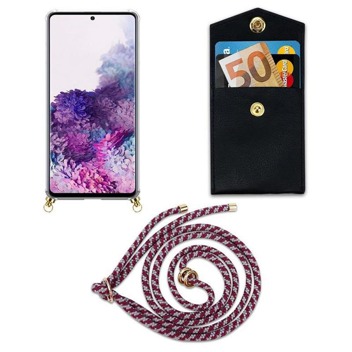 Vengono mostrate una custodia trasparente per telefono con cordino, un portafoglio nero e un cordino con un motivo bordeaux e bianco.