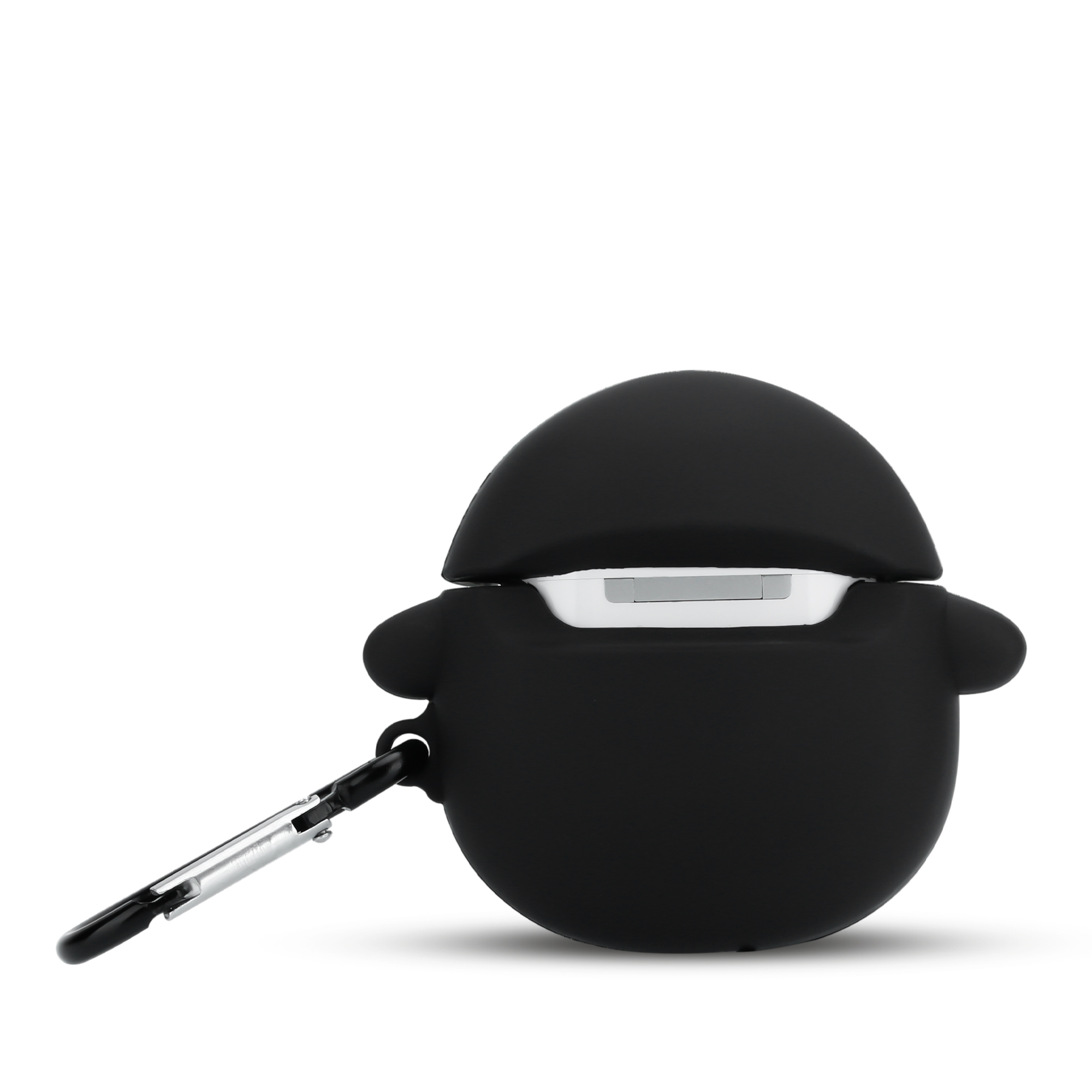 Eine schwarze, runde AirPod-Hülle mit silbernem Verschluss.