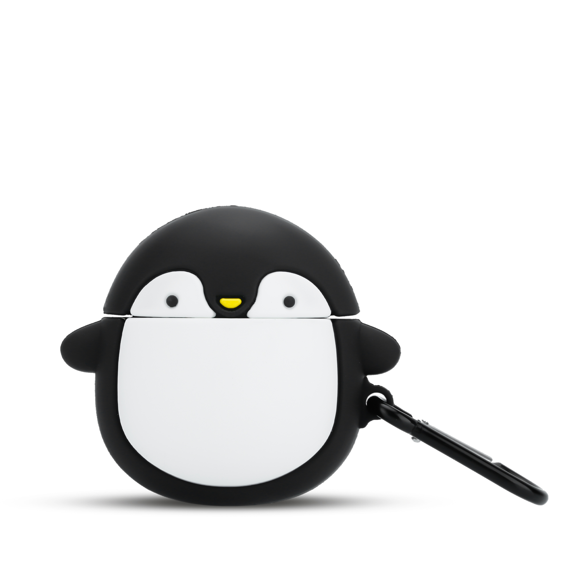 Schwarz-weiß pinguinförmiges Etui für Ohrhörer, mit einem schwarzen Clip befestigt.