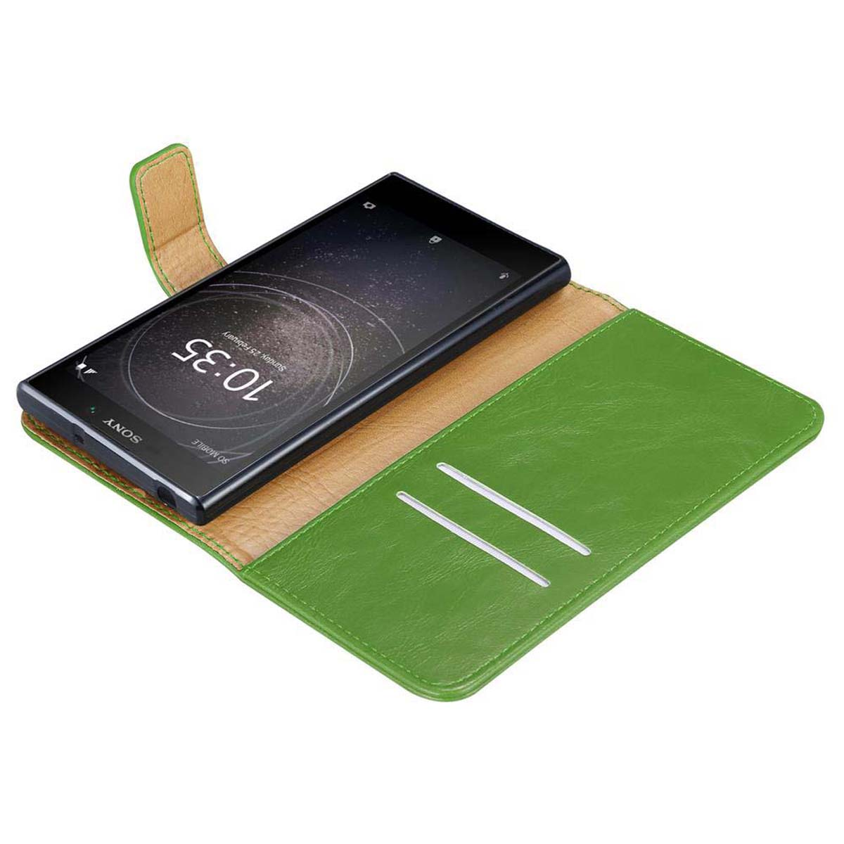 Telefon in grüner Lederhülle mit Magnetverschluss und Kartenfächern. Das Telefon zeigt 10:35.