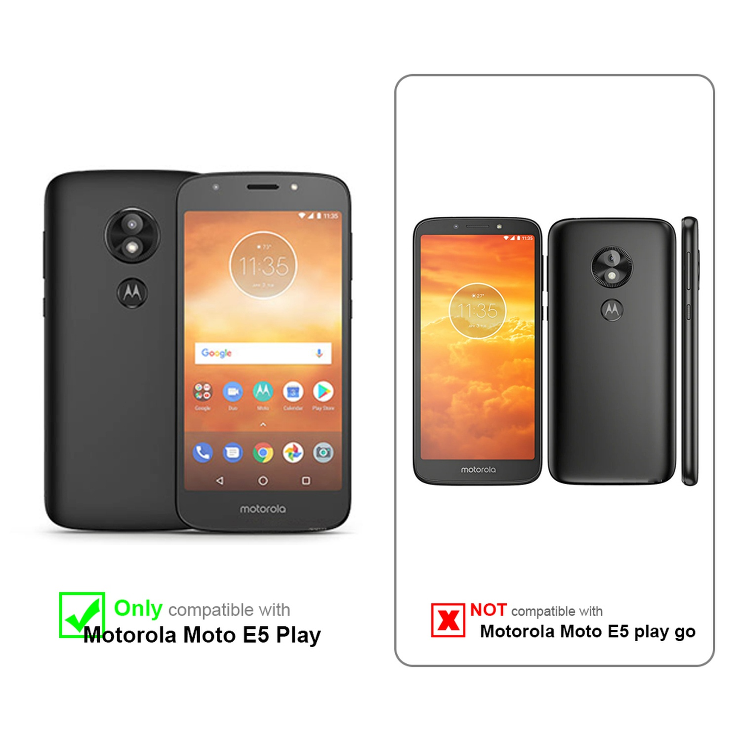 Due telefoni neri, uno mostra l'ora. Il testo indica compatibilità solo con Moto E5 Play.