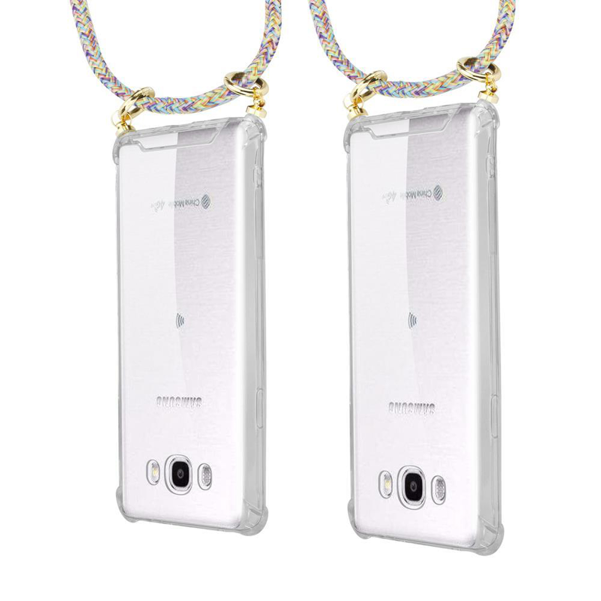Due custodie per telefono con retro trasparente, che mostrano il design del telefono, e un cinturino intrecciato colorato.