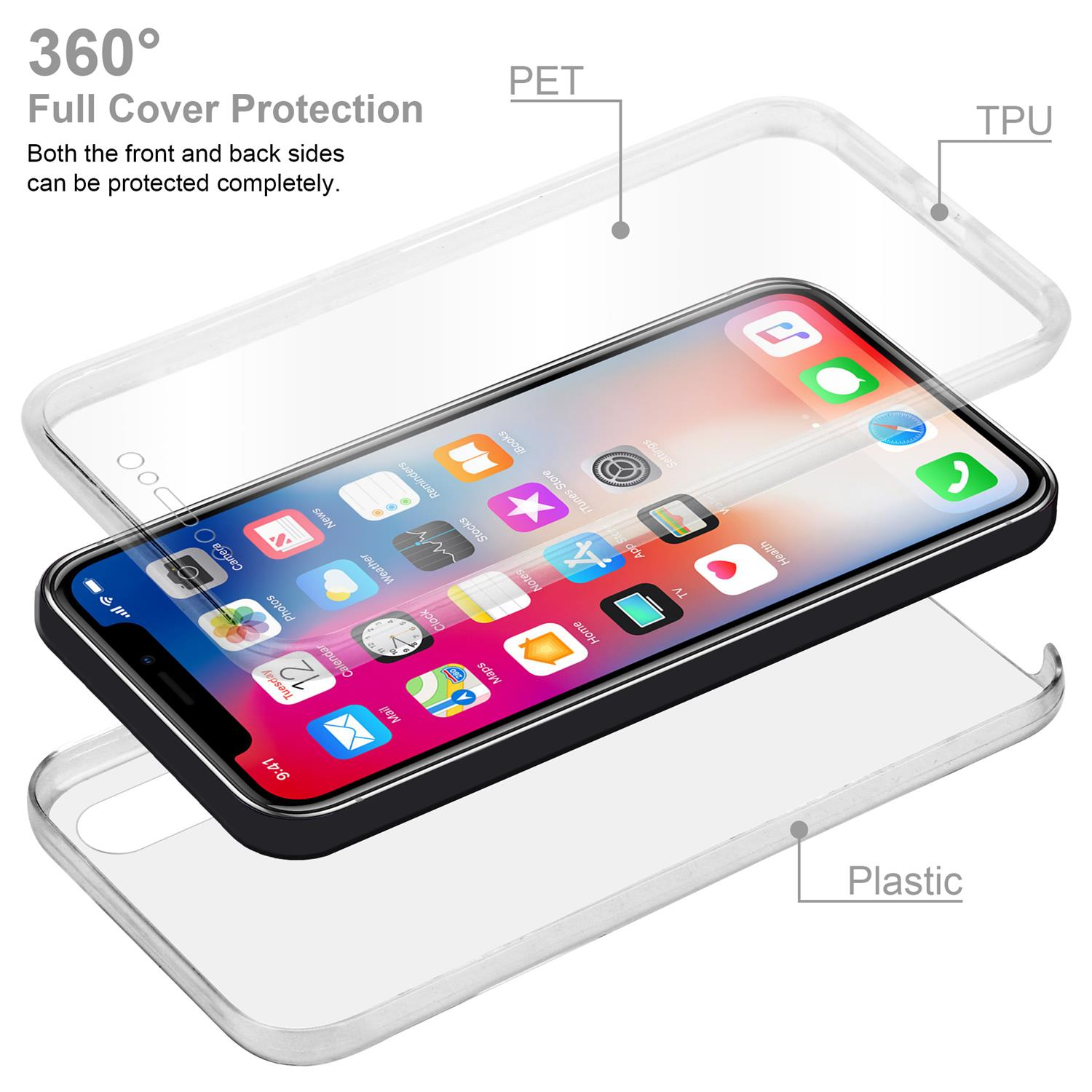 Custodia trasparente su un telefono con icone delle app visibili. Etichette PET, TPU e Plastic.