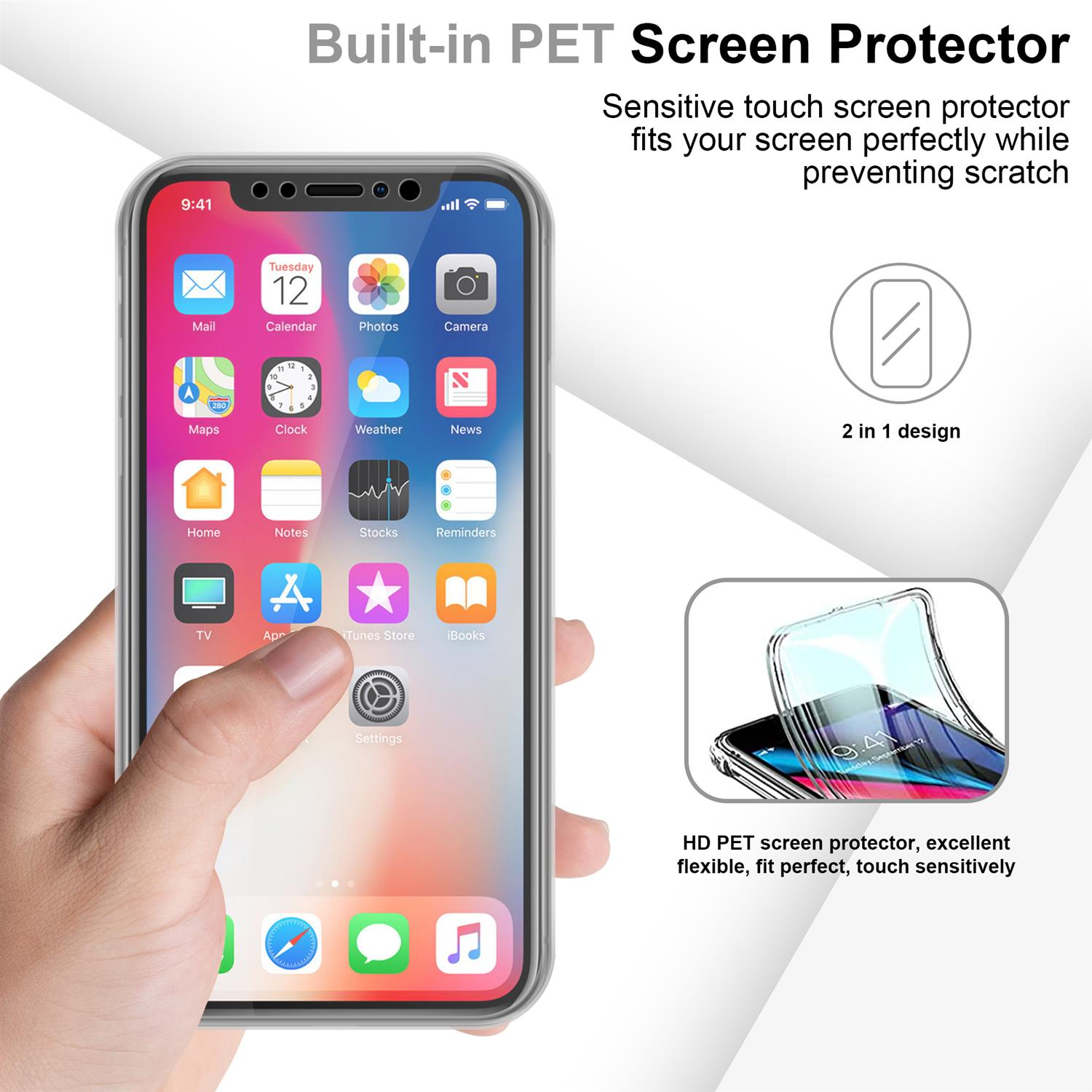 Mano che tiene un telefono in una custodia con testo: Protezione schermo PET integrata. Design 2 in 1.