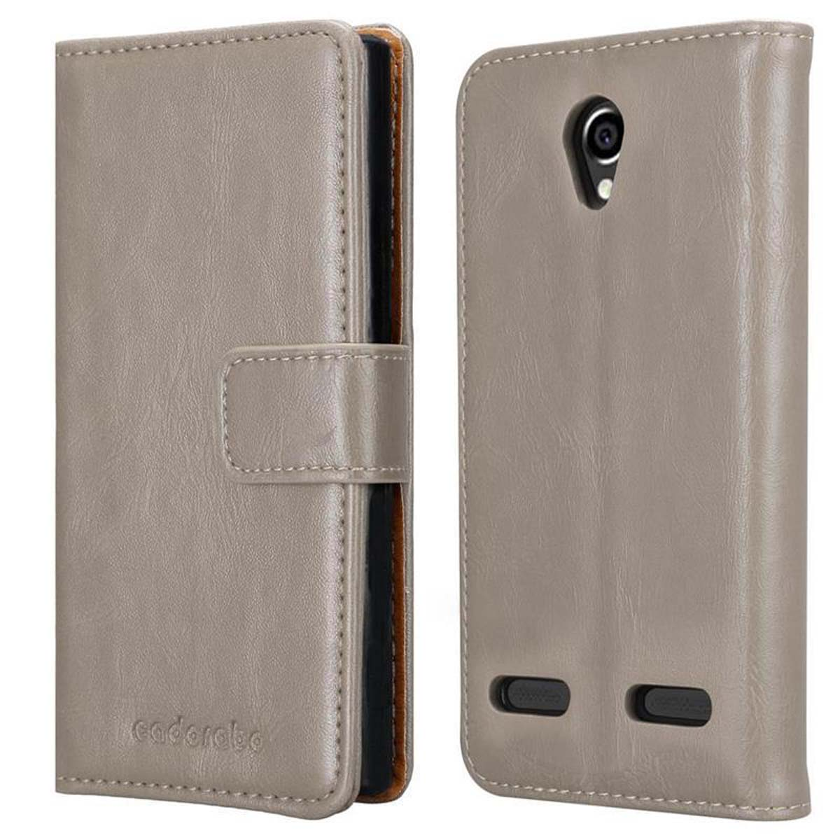 Custodia per telefono grigia, aperta per mostrare il telefono. È una custodia a libro con chiusura magnetica.