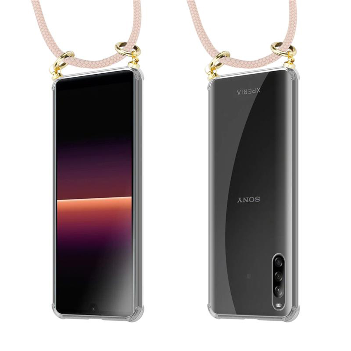 Due viste di un telefono in una custodia trasparente con un cordino rosa, mostrando la parte anteriore e posteriore.