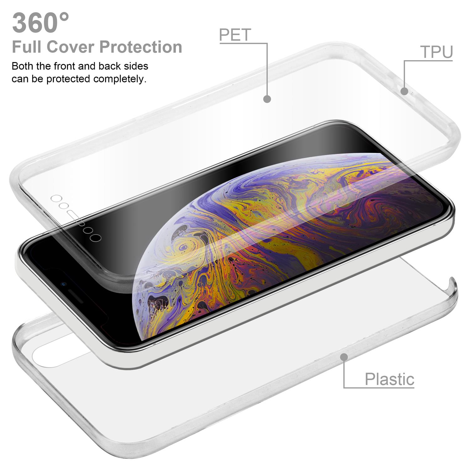 L'immagine mostra una custodia per telefono con protezione completa. Strati: PET, TPU e plastica per protezione.