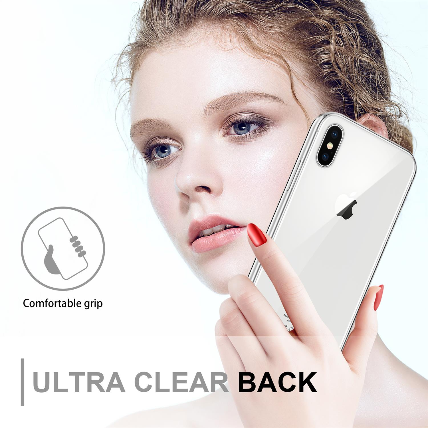 Donna che tiene una custodia trasparente per telefono. Testo: ULTRA CLEAR BACK.