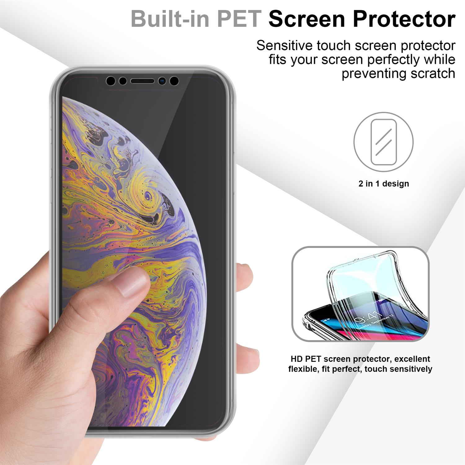 Una mano che tiene un telefono con una protezione per lo schermo. Ci sono anche due protezioni per lo schermo nell'immagine.