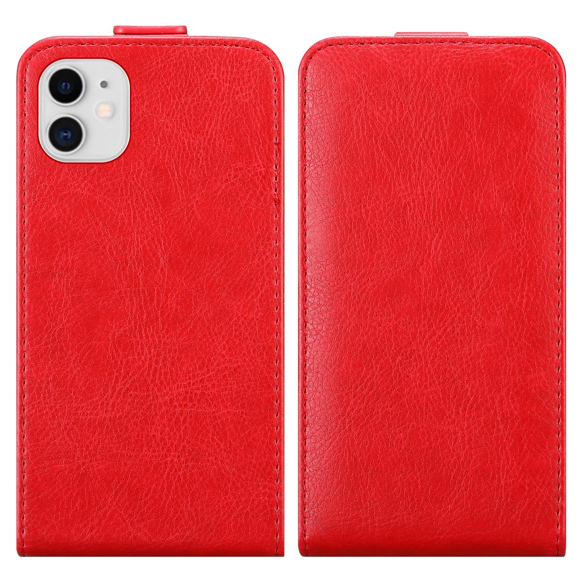 Custodia per telefono in pelle rossa con viste aperte e chiuse, che mostra un telefono.