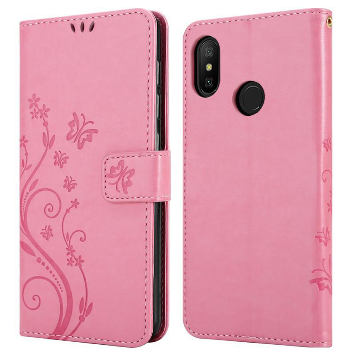 Custodia per telefono rosa con un design floreale e farfalle. Si apre come un libro. Sfondo bianco.