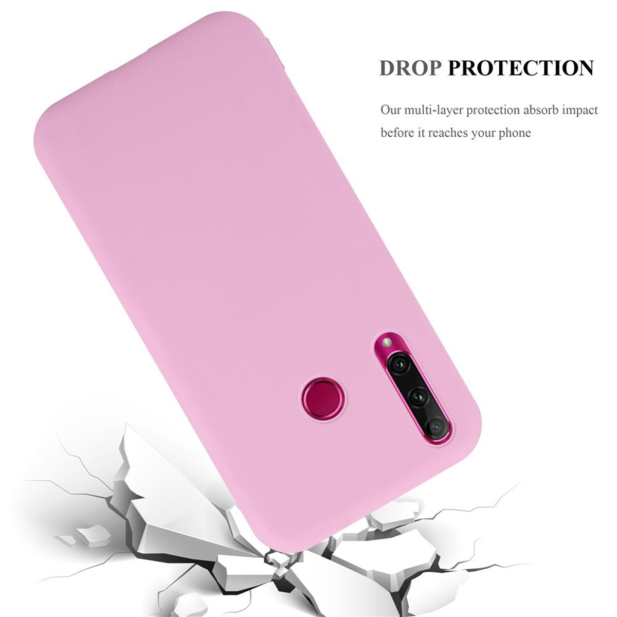 Custodia rosa con testo: Drop Protection. Superficie bianca con effetto crepato.