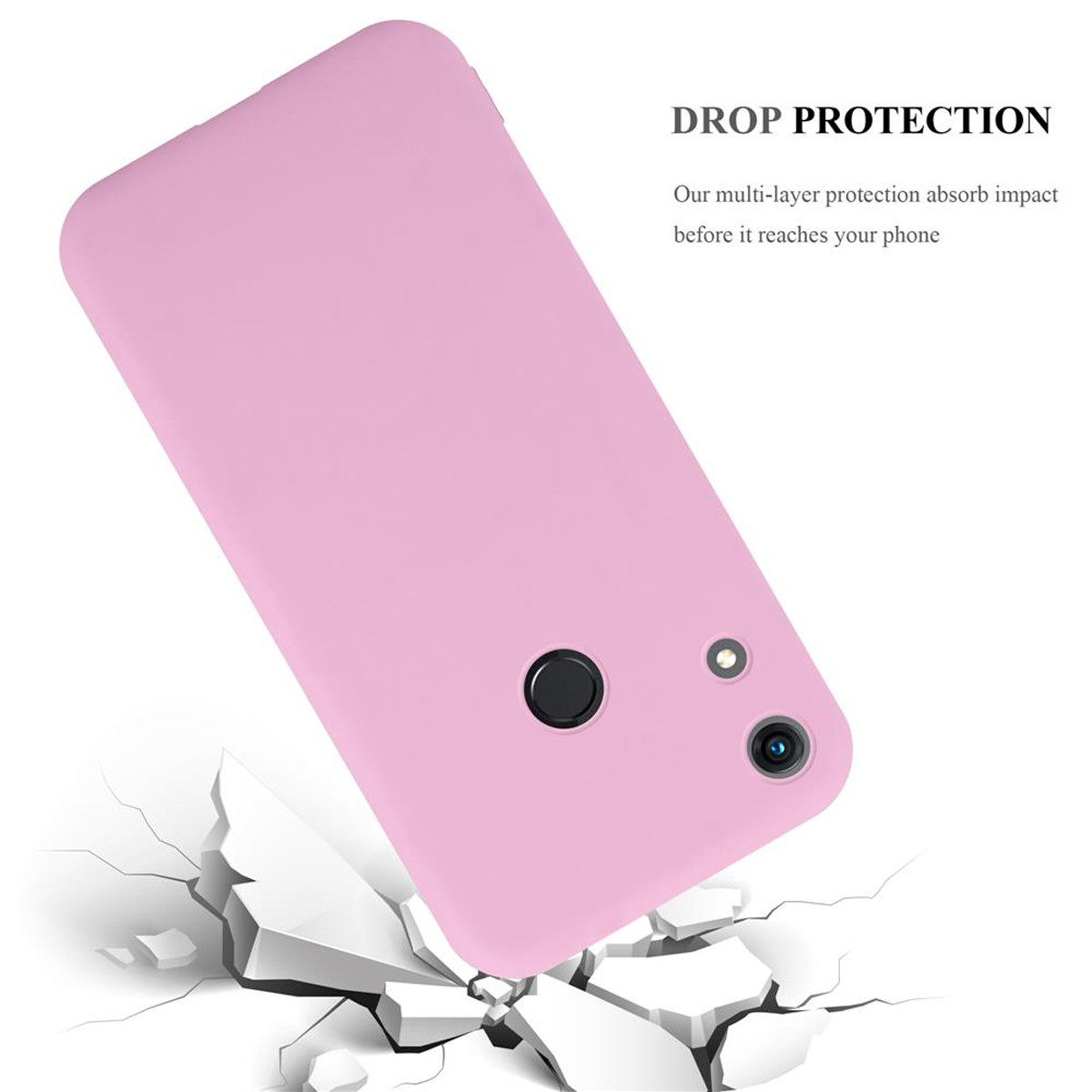 Custodia per telefono rosa con fotocamera e un cerchio nero. La custodia è su sfondo bianco con crepe.