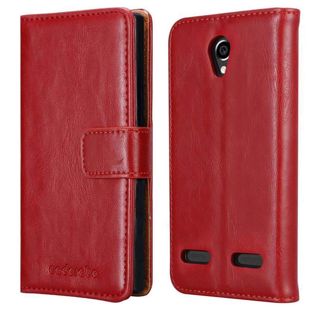 Rote Handyhülle, geschlossen, mit Verschluss. Innen ein Telefon, Kamera und Lautsprecher.