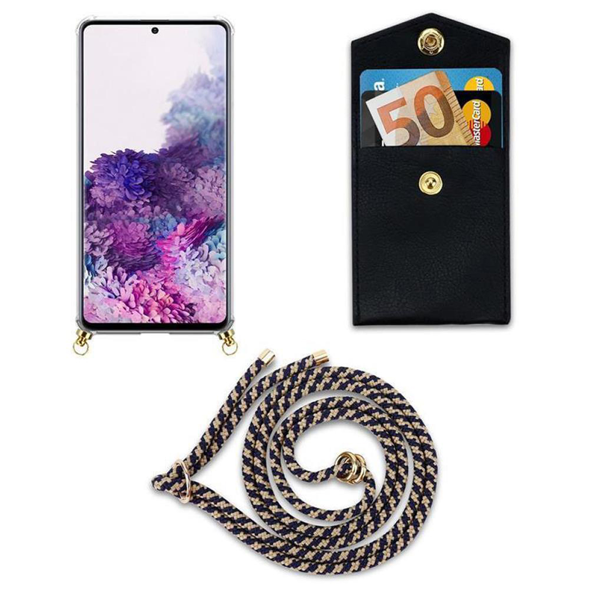 Telefono in custodia trasparente con cordino. Un portafoglio nero in pelle con carte.