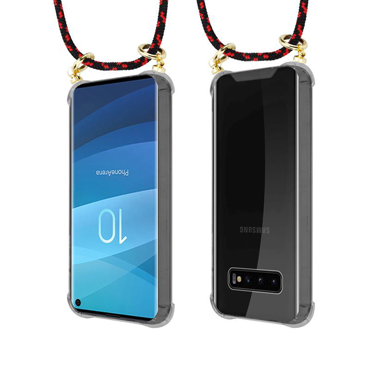 Due viste di un telefono in una custodia trasparente con un cordino. Il telefono mostra "PhoneArena" e il numero 10.