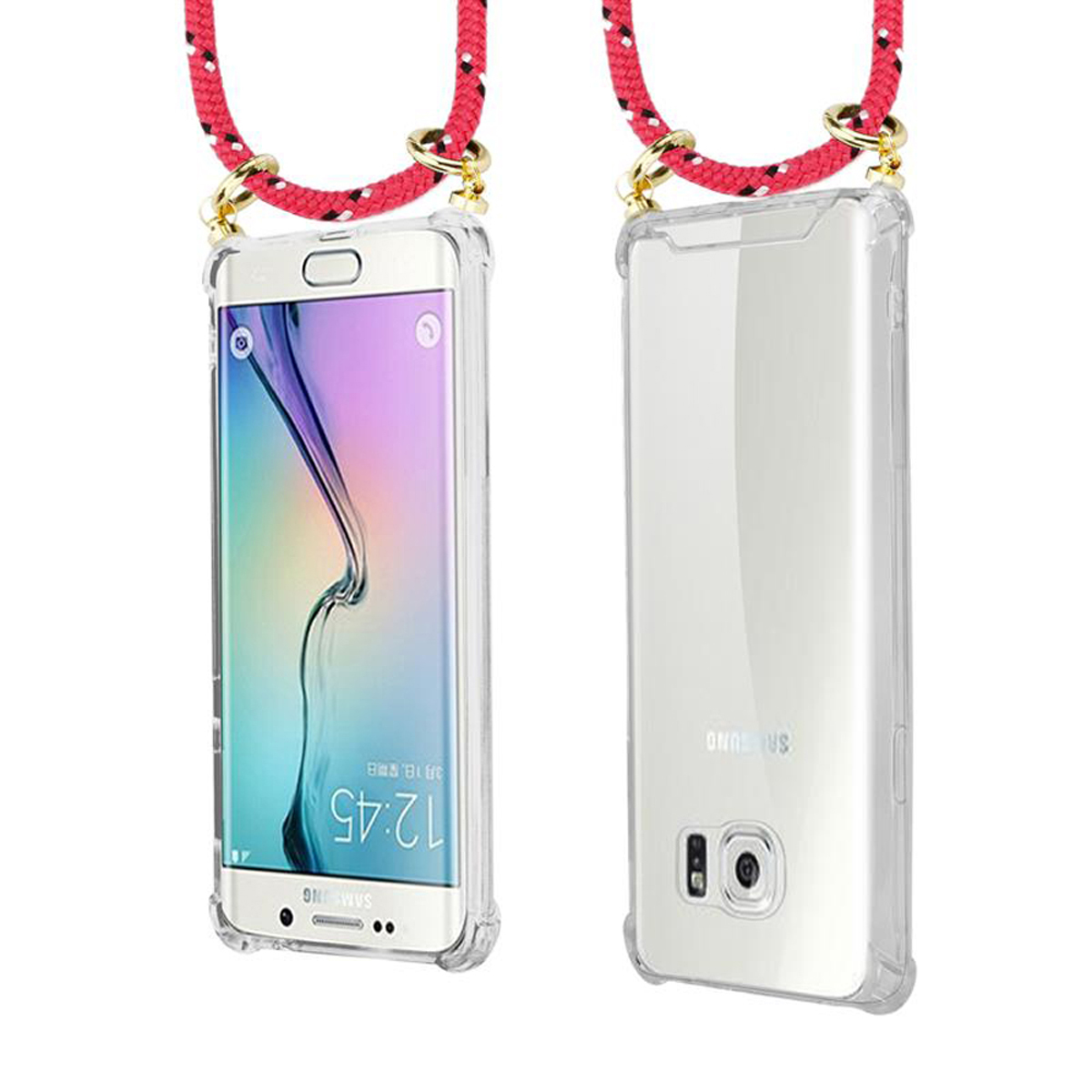 Due viste di un telefono in una custodia trasparente con cinturino rosso, che mostra la parte anteriore e posteriore.