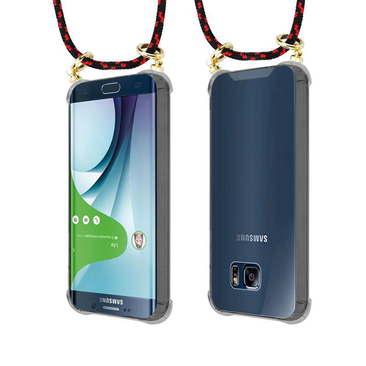 Due telefoni in custodie trasparenti con cordino. Uno mostra lo schermo, l'altro il retro con il logo Samsung.