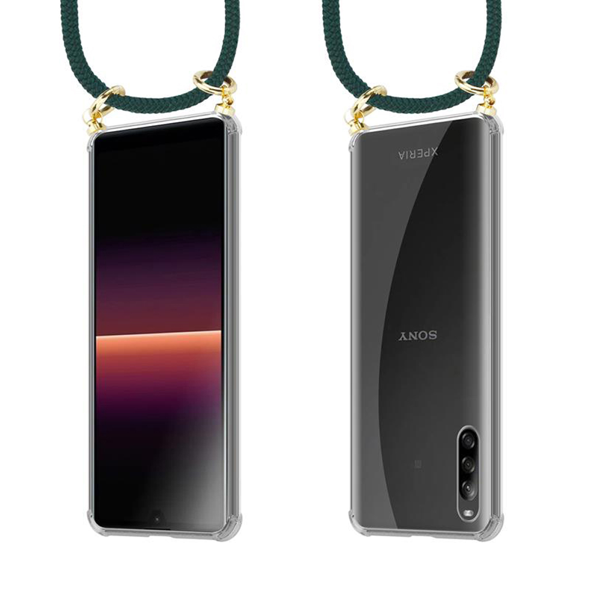 Smartphone in custodia con cordino verde. Il retro ha il logo Sony.