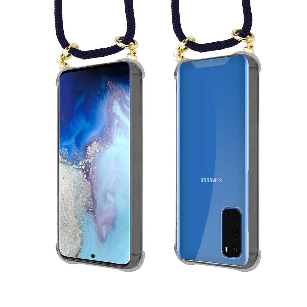 Due telefoni con custodie e cordini. Un telefono ha il retro blu. I cordini sono colorati.