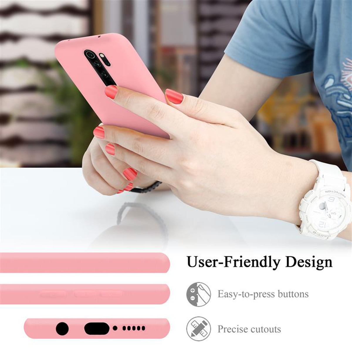 Eine Hand hält ein rosa Telefon. Die Handyhülle hat ein benutzerfreundliches Design für eine einfache Bedienung.