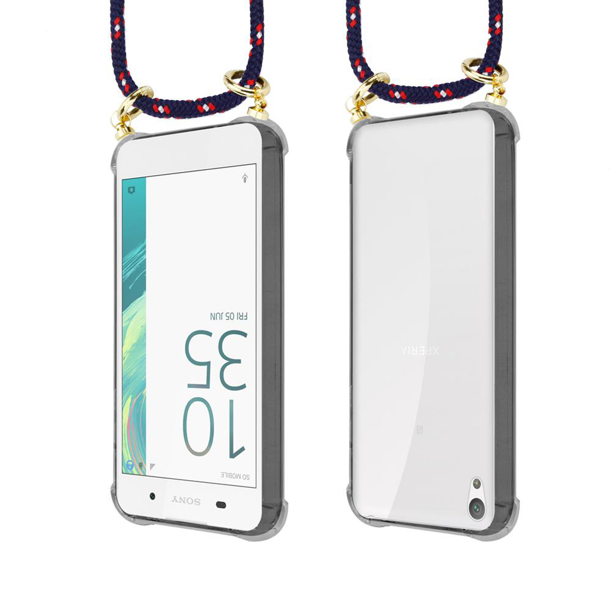 Telefon mit Lanyard-Hülle, Vorder- und Rückansicht.
