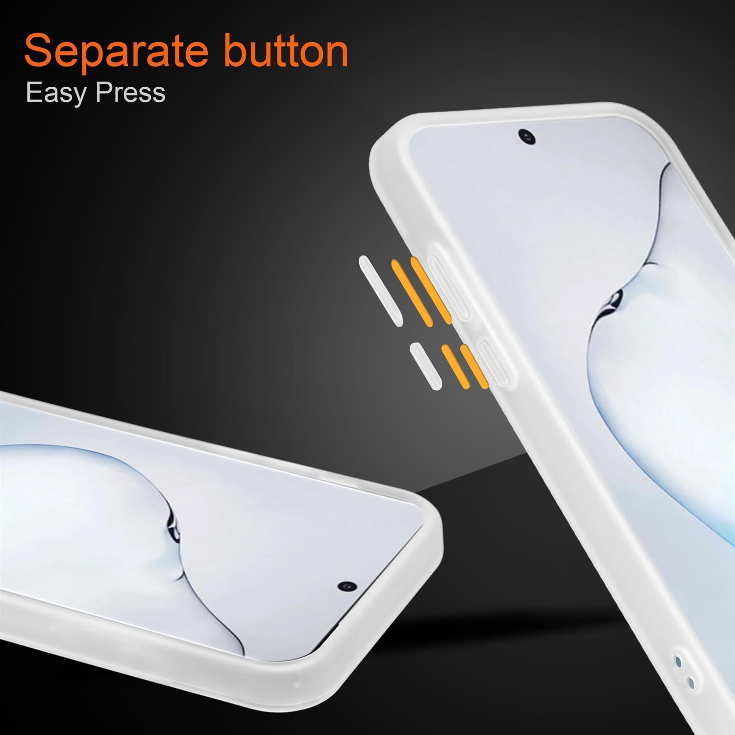 Telefono e custodia bianchi. Il testo dice 'Separate button, Easy Press'. Indicatori dei pulsanti arancioni e bianchi visibili.