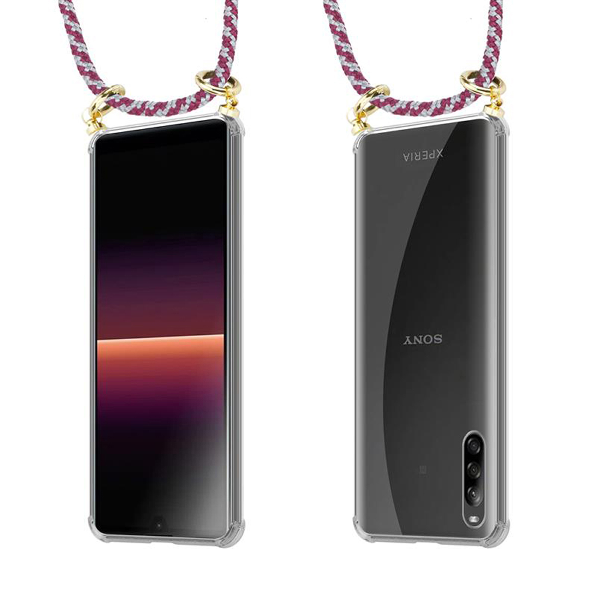 Smartphone con cordino. Fronte mostra un tramonto. Retro nero con XPERIA e SONY.