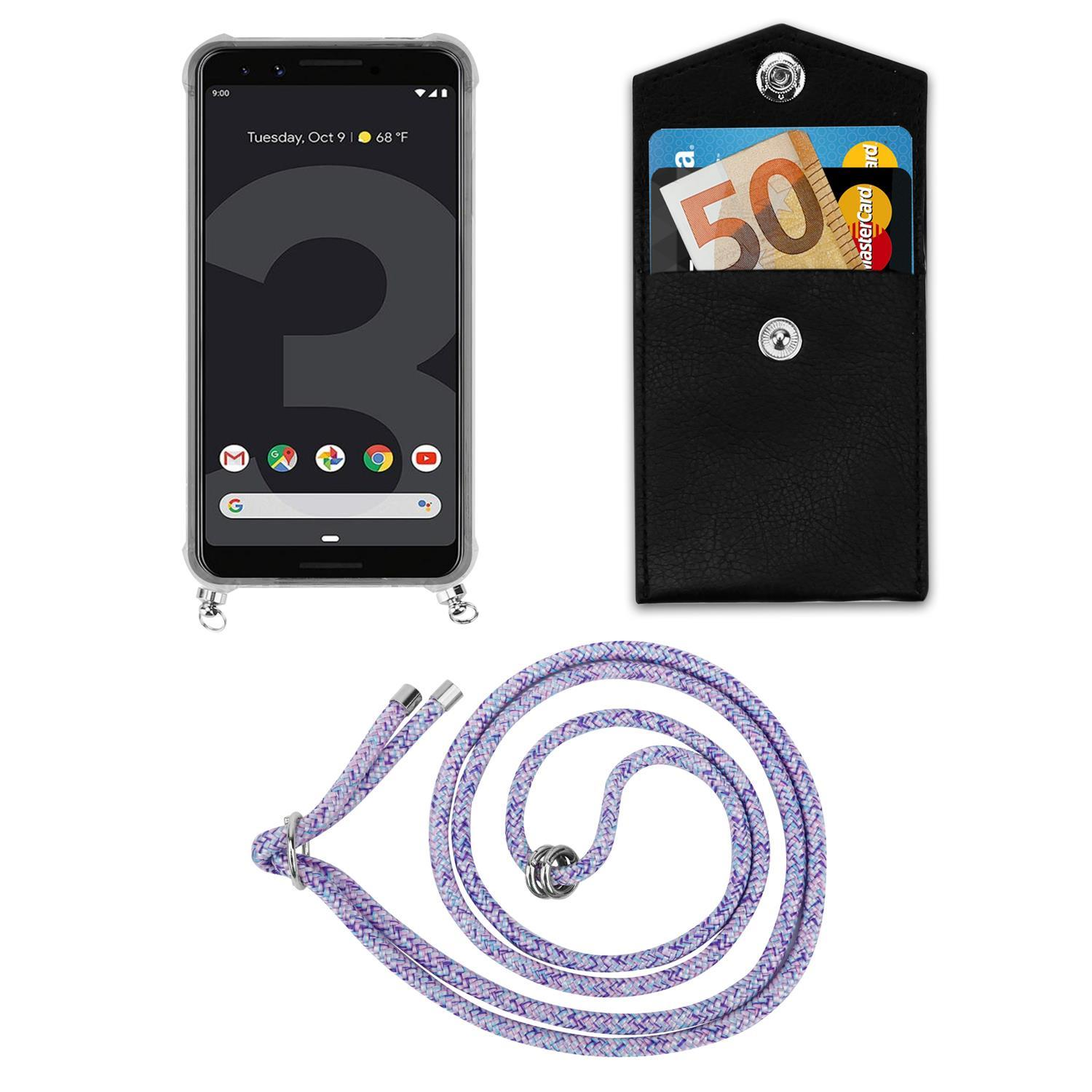 Telefon mit Hülle, Geldbörse und Lanyard. Telefon zeigt Zeit und Apps. Geldbörse hält Karten.