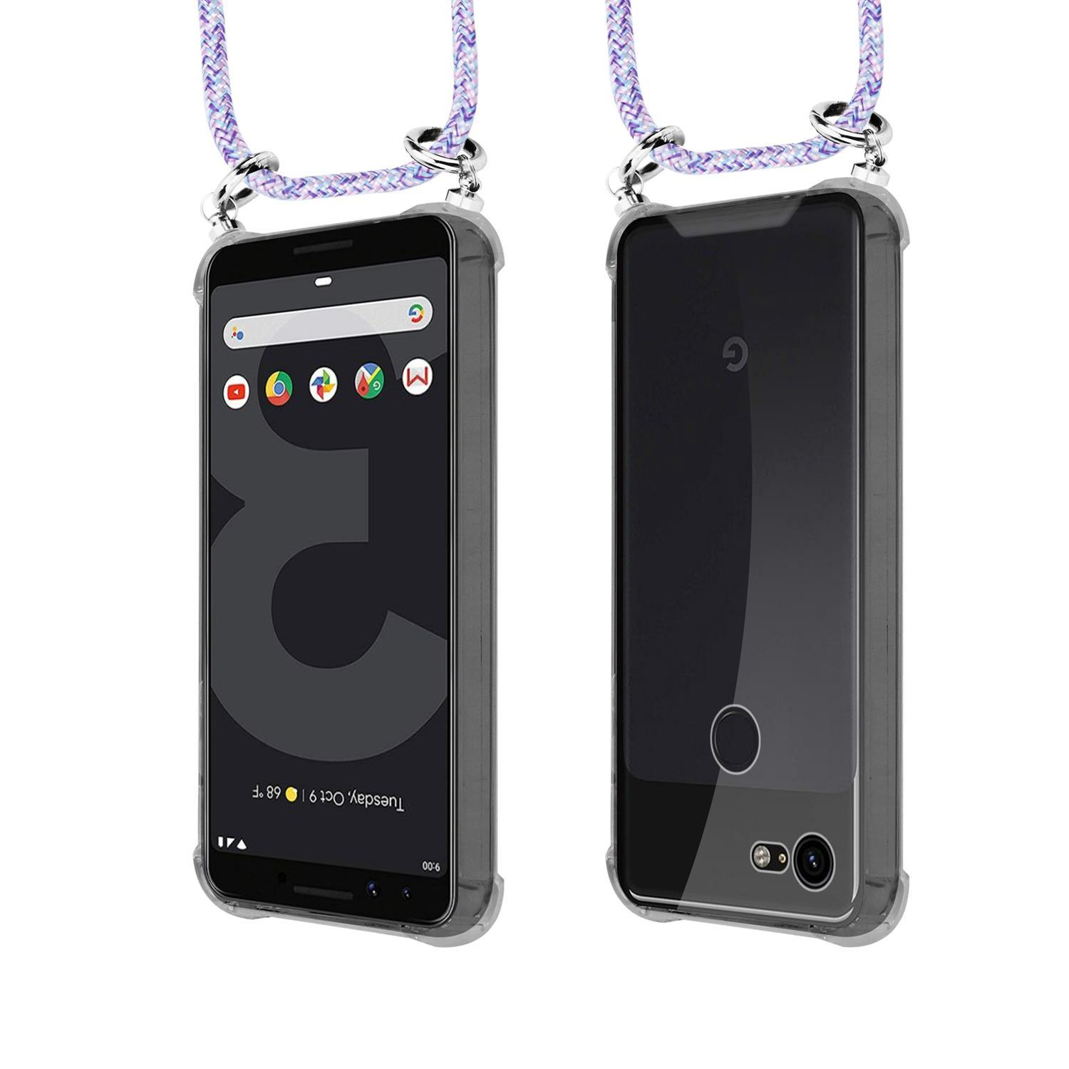 Smartphone in einer transparenten Hülle mit einer lila-weißen Seilschlaufe, Vorder- und Rückansicht.