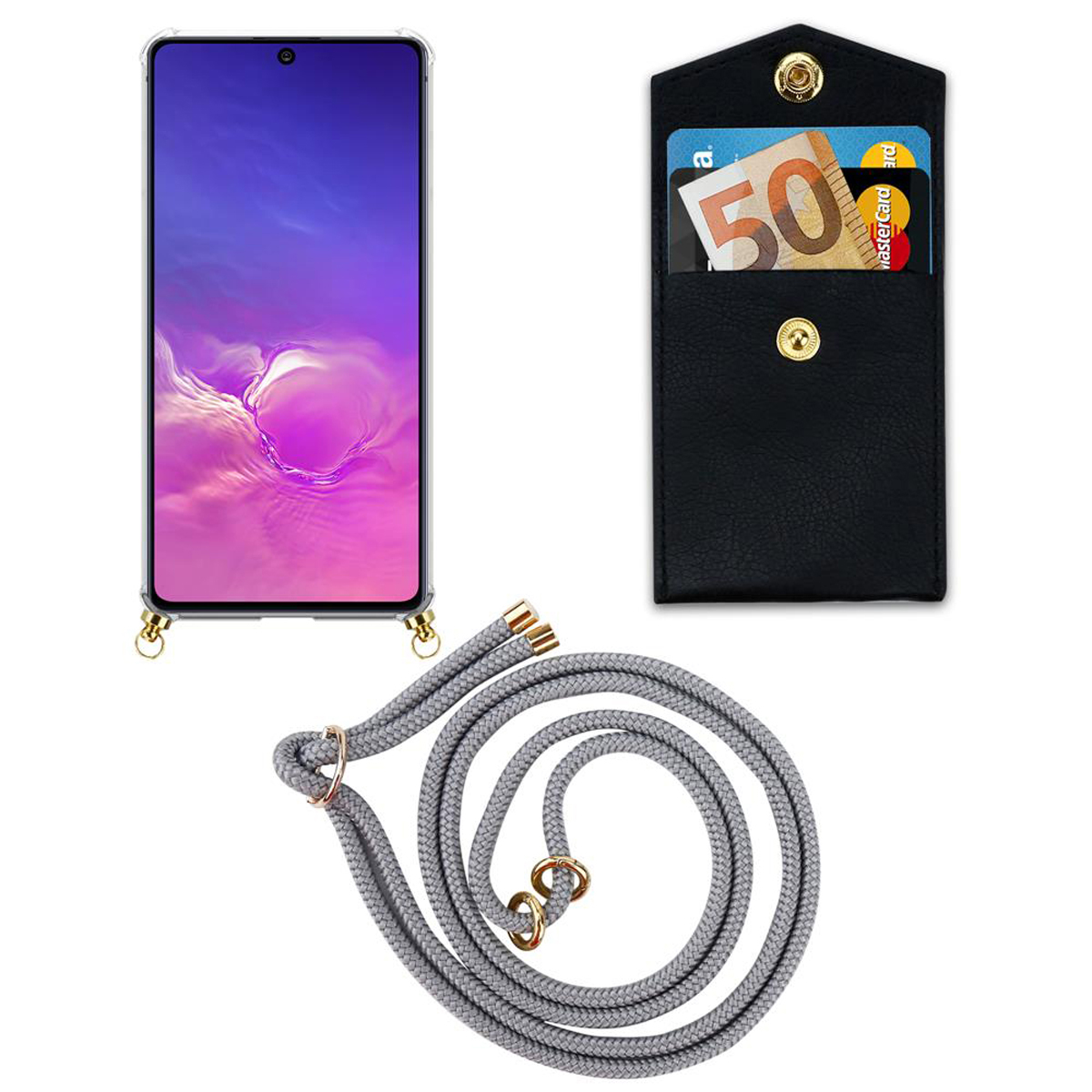 / Samsung, Handy M80s, Ringen, Galaxy CADORABO A91 und abnehmbarer Gold Backcover, SILBER Band Kordel / LITE Kette GRAU mit Hülle, S10