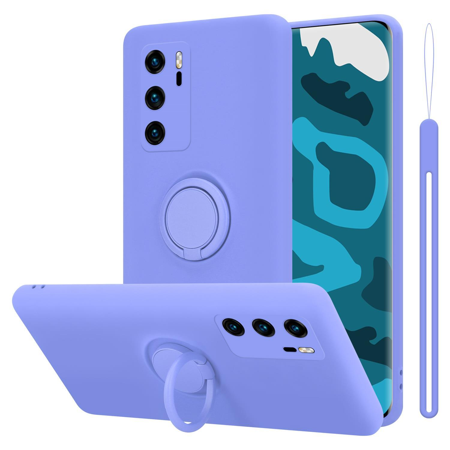 Custodia per telefono lilla con tre fotocamere, supporto ad anello e cinturino da polso. Schermo del telefono visibile.
